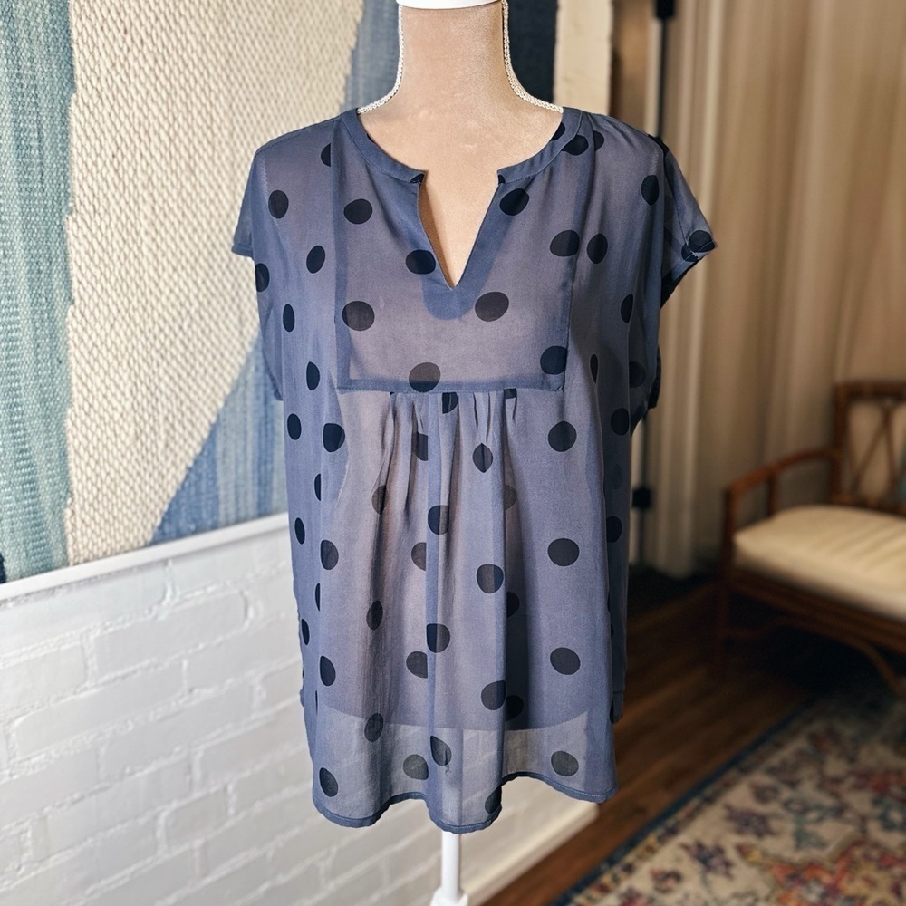 Liz Claiborne Navy and Black Polka Dot SemiSheer Blouse